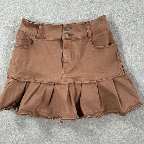 Hollister High Rise Mini Skirt Size X-Small Brown Denim Pleated Hem Y2k - Picture 1 of 9